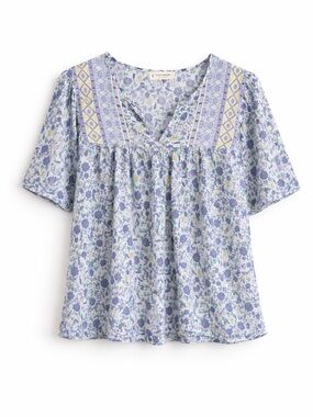 Lucky Brand Blue Floral Boho Peasant Top Size L Short Sleeve Flowy Blouse